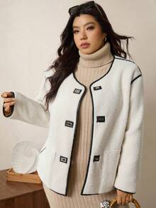 Zelara Plus Size Women Casual Versatile Contrast Color Trim Jacket, Autumn/Winter Winter Clothes Christmas Chic Fall Party Going Out  Elegant