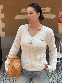 Dazy Plus Women Plus Fall Cartoon Dachshund Dog Embroidery V-Neck Cable Knit Slim Fit Long Sleeve Pullover Sweater, Spring/Autumn - Camel - View 3