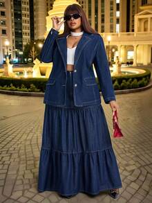 Slaydiva Plus Size Women's Stretchy Denim Jacket, Dark Blue Washed Denim Tailored Silhouette Long Denim Coat Old Money Elegant Spring - Dark Wash - View 1