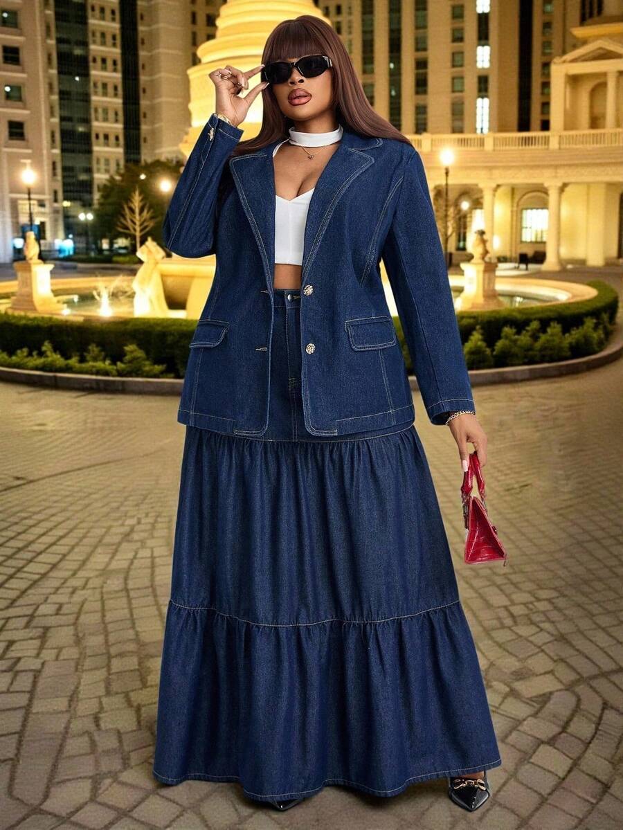 Slaydiva Plus Size Women's Stretchy Denim Jacket, Dark Blue Washed Denim Tailored Silhouette Long Denim Coat Old Money Elegant Spring - Dark Wash - View 1