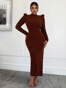 Xyvia Women's Autumn/Winter Long Textured Elegant Bodycon Dress With Puff Sleeves - Mocha Brown - View 1