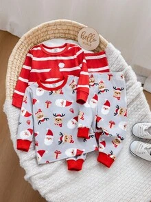 SHEIN Set de lenjerie de casă tricotată cu 4 buc. pentru bebeluși, model drăguț de desene animate, Crăciun, cu mânecă lungă