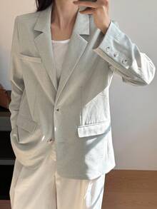 DAZY 女士宽松纯色翻领休闲街头复古风长袖外套，秋冬商务装 - 灰色 - 查看 4