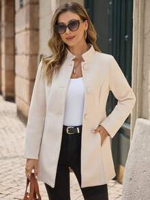 EMERY ROSE 1 件女士休闲厚领中长夹克，秋冬 - 卡其色 - 查看 1