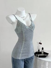 Elamini Women's V-Neck Lace Patchwork Summer Vacation Wear Knitted Stretch High-Waisted Ribbed Casual Sexy Tank Top - Grey - View 4