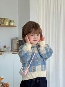 DAZY 女宝宝格子针织毛衣韩版甜美清新长袖秋冬 - 藍色 - 查看 7