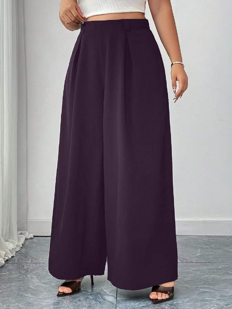 Elenzga Plus Size Black Elastic Waist Wide Leg Casual Pants, Comfortable Fabric Suitable For Commuting & Business, Spring/Summer/Autumn - Purple - View 1