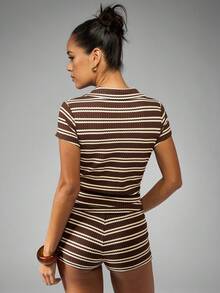 MISSGUIDED 复古风格罗纹两件套 Polo 领套装短袖夏季沙滩装度假装休闲春季假日家居服度假装 - 棕色 - 查看 2