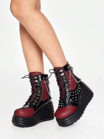 Grunge Punk Stivaletti e stivali corti da donna con decorazioni rivettate bicolore, piattaforma vintage, stringati, casual e versatili