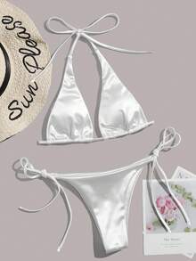 Swim Basics Summer Beach Solid Triangle Tie Side Bikini Set - White - View 1