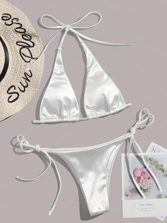 Summer Beach Solid Triangle Tie Side Bikini Set