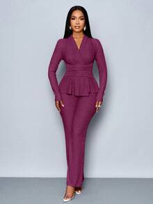 SOLERSUN 女士杏色优雅 V 领长袖 T 恤和阔腿裤两件套，不对称下摆两件套服装，休闲日常穿着，女士冬装 - 紫色 - 查看 3