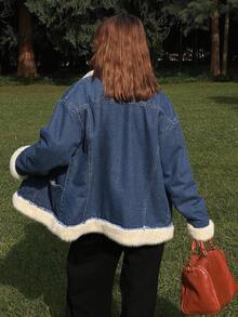 DAZY Women's Patchwork Retro Faux Fur Collar Loose Casual Street Thick Jacket, Regular Fit, Autumn/Winter Thermal Lined Women Coats