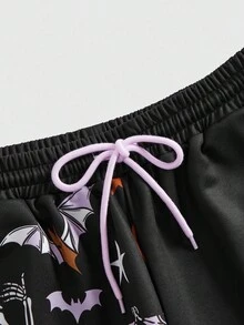 ROMWE Goth 大码女式哥特风格骷髅和南瓜印花宽松休闲裤 - 黑色 - 查看 2