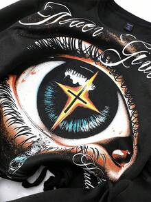 ROMWE MEN Street Life Men's Eye Print Distressed Crew Neck Long Sleeve Sweatshirt, Fall Winter - Black - View 7