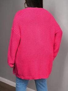 Slaydiva Cerise Pink Autumn Curve Smart Casual Loungewear,Plus Size Women Elegant Vintage Bohemian Knitted Pocket Tassel Cardigan,Office Streetwear - Pink - View 2