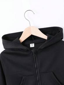 Teen Girl Black Casual Basic Short Zip-Up Hoodie With Pocket, European And American Style