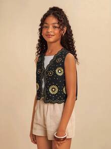 Travachic KIDS Tween Girl Floral Print Casual Vest, Black Autumn Winter Clothes ForGirln - Black - View 6