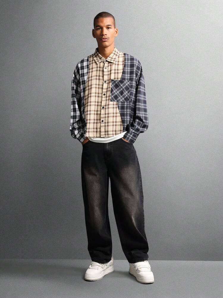 Color Block Check Plaid Button Down Shirt