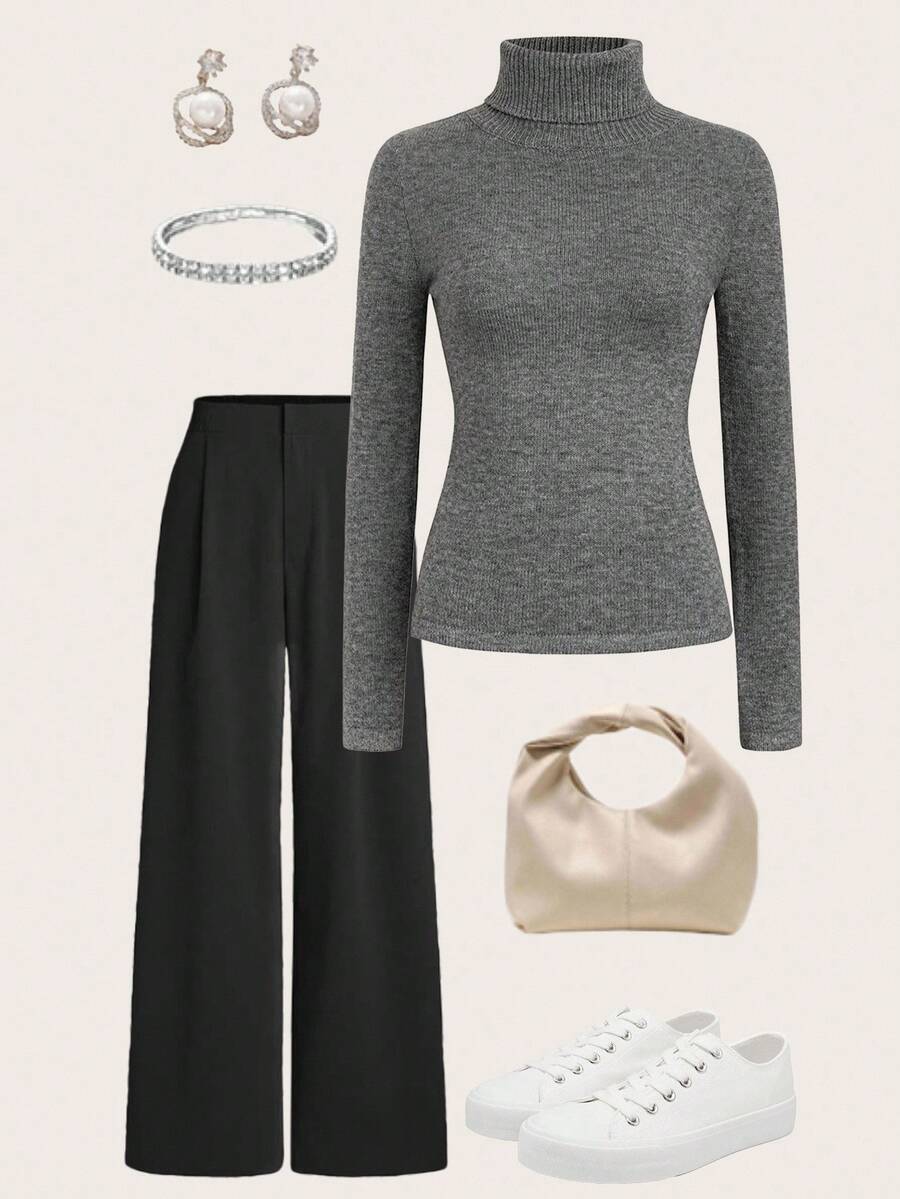Selianne Pull col roulé ajusté pour femmes, tricot doux et douillet, polyvalent pour l'automne/l'hiver - Gris - Voir 1