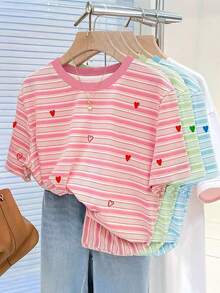SHEIN Bộ 3 áo thun cổ tròn in kỹ thuật số thêu hình trái tim + sọc hồng, quà tặng cho bạn bè - Nhiều màu - Xem 3