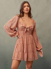 WESTFADE Embroidered Chiffon Sweetheart Neck Bow Tie Front Long Puff Sleeve Smocked Back Tiered Ruffle A Line Mini Dress Cute Fall For Women, Country Concert Outfit, Boho, Casual, Autumn, Winter