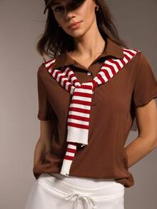 Hanevo Women's Solid Color Ribbed Polo Collar Short Sleeve Casual T-Shirt - Brown - View 5