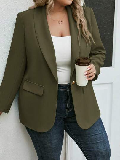 SHEIN LUNE 大码女式纯色披肩领长袖单扣休闲西装外套，秋季大码女式西装外套女式西装外套