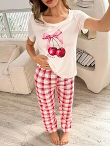 2 Stücke Schleife & Kirsch Muster Kurzarm Top und karierte Hose Pyjama Set - Verschiedenfarbig - Übersicht 6