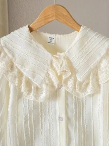 青少年女孩彼得潘领提花优雅纽扣长袖衬衫秋冬 - 杏色 - 查看 7