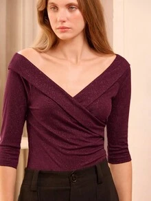 lacRébo Burgundy Lurex Top With 3/4 Sleeves And Wrap-Style Neckline Spring Women Clothes Spring Summer Elegant Top  Outfits - Red - View 2
