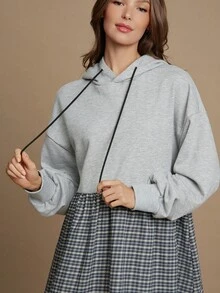 WESTFADE Ländlicher Western Mix Media French Terry & Strass Karomuster Kapuzenkleid Mini Kleid Schulanfang Süß Herbst - Verschiedenfarbig - Übersicht 5