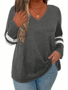 Plus Striped Print V Neck Tee Graphic Tees Women Tops - Dark Grey - View 5