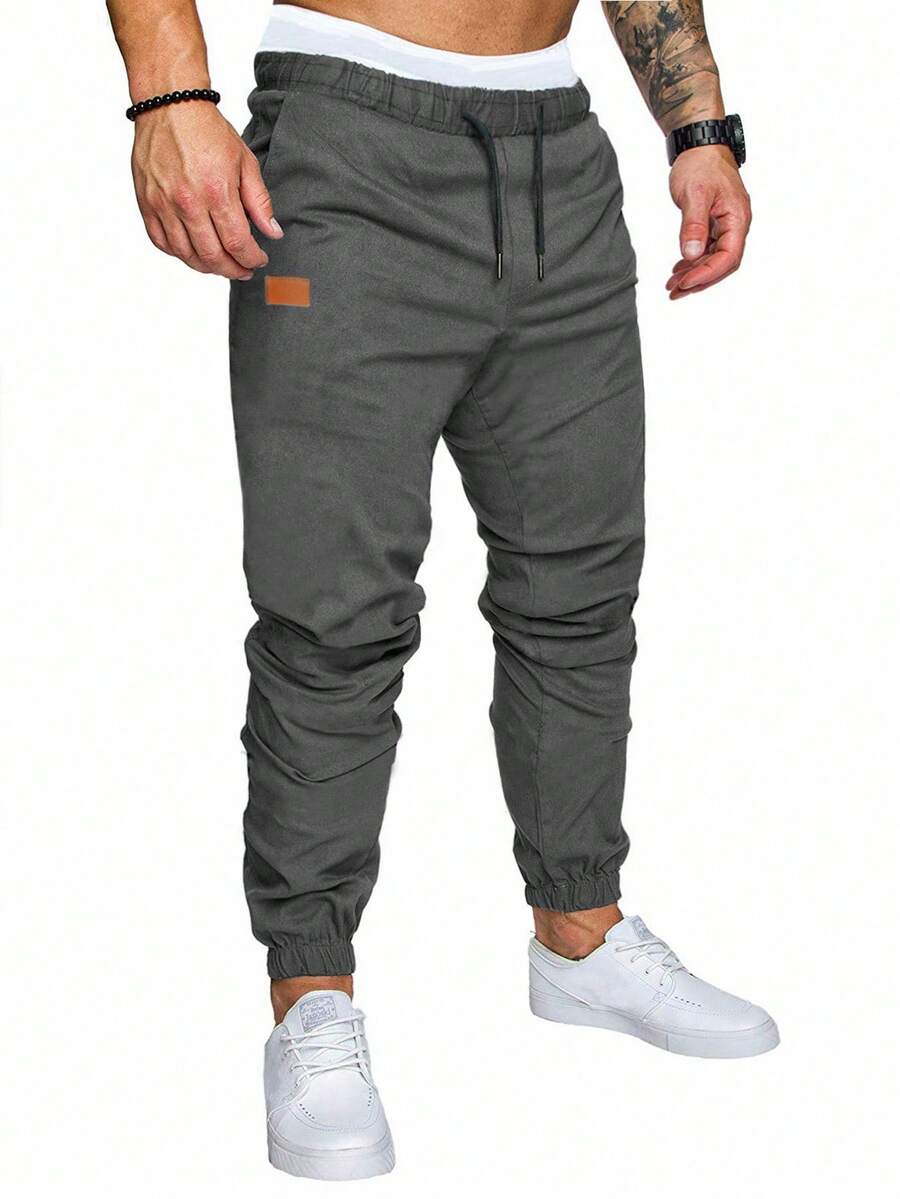 Manfinity Homme Men Patched Detail Drawstring Waist Trousers - Dark Grey - View 1