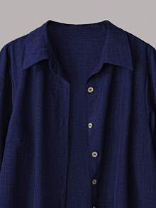 SHEIN LUNE 大码女式休闲两件套，纯色翻领单排扣休闲通勤衬衫和高腰宽松阔腿裤套装 - 藏蓝色 - 查看 5