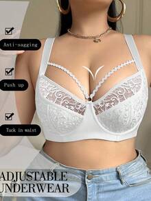 SHEIN 1pc Plus Size Mesh Embroidered Underwire Bra - White - View 4