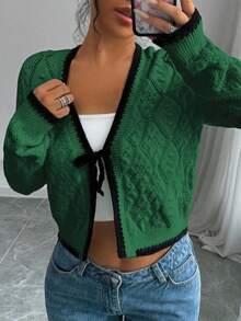 Selianne French Casual Versatile Diamond Textured Long Sleeve Pullover Knit - Green - View 7