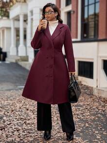 Vionelle Christmas Plus Size 1 Piece Woven Lapel Collar Solid Color Slimming Retro Elegant Long Flared Sleeve Women Overcoat Jacket Winter Autumn Fall - Burgundy - View 7