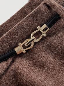 SHEIN MOD 高腰金属腰带A字针织羊毛面料半身裙，秋冬 - 棕色 - 查看 3