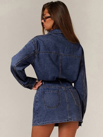 Athîral Denim Women's Long Sleeve Utility Pocket Single-Breasted Casual Denim Dress