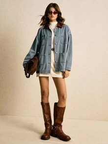 Poéselle 新品 女士牛仔夹克和外套 落肩领口 拼接口袋 宽松牛仔夹克 冬装 女士冬季夹克 女士万圣节服装 新年服装 女士外出上衣 女士时尚衬衫 女士时尚西装外套 - 深色水洗藍 - 查看 4