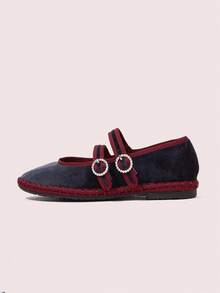 CUCCOO DOLLMOD Women's Midnight Blue Elegant Velvet Classic Comfortable Velvet Parallel Double Strap Mary Jane Flat Shoes For Christmas - Dusty Blue - View 6