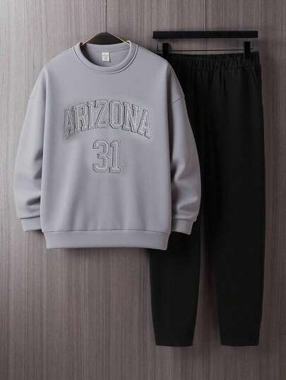 SHEIN 2件套青少年男孩休闲舒适百搭圆领长袖运动衫和直筒裤套装