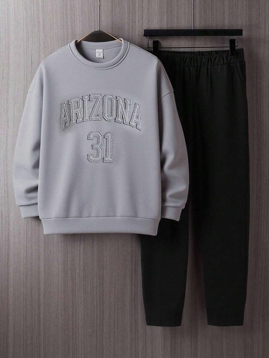 SHEIN 2件套青少年男孩休闲舒适百搭圆领长袖运动衫和直筒裤套装 - 彩色 - 查看 1