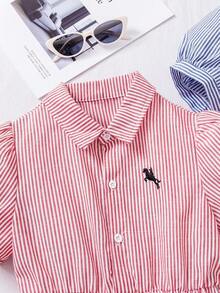 Bộ 2 váy/bộ tay ngắn cổ sọc xanh thêu eo cho bé gái & váy cổ sọc xanh eo - Nhiều màu - Xem 3