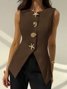 Aloruh Blazer sin mangas con cuello redondo minimalista para oficina y viajes, con decoración metálica, para mujer en otoño/invierno