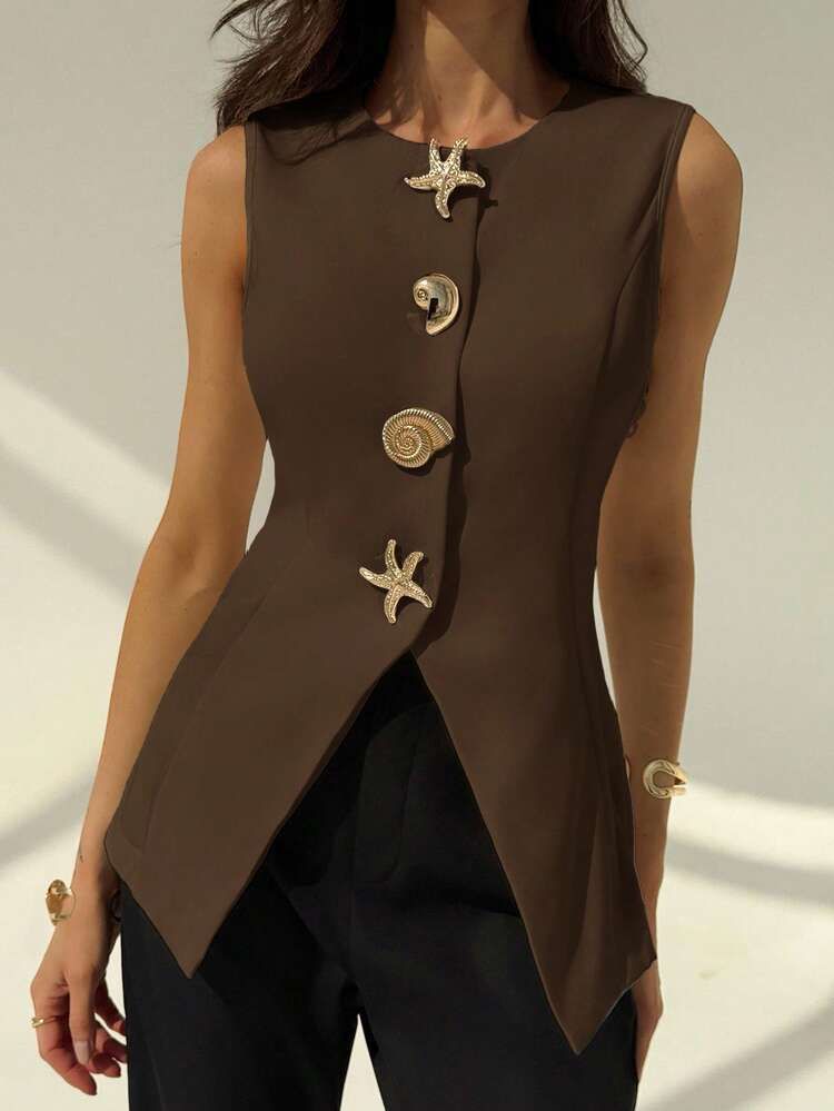 Aloruh 秋冬女士无袖圆领简约办公室通勤西装外套，金属装饰 - 摩卡棕 - 查看 1