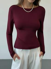Aloruh Sexy Sheer Lace Long Sleeve Backless Top, Wine Red - Red Violet - View 3
