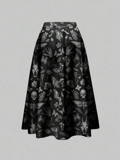Goth Gothic Dark Horror Halloween Crow Skull Moth Plant Print Black Full-Print Women Skirt