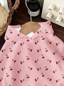 SHEIN Happikins 粉色复古迷你樱桃图案女婴休闲宽松舒适柔软针织卫衣，适合秋冬季穿着 - 彩色 - 查看 4